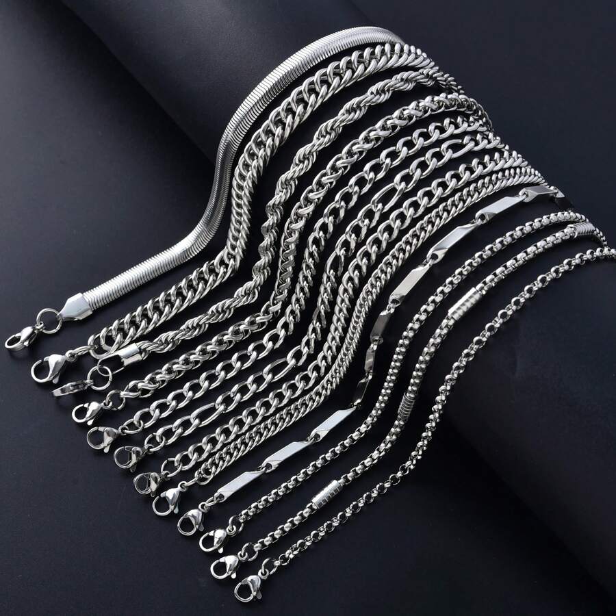 12pcs Simple Classic Stainless Steel Stacked Silver Combination Bracelets, Suitable Both Men Women, Suitable Daily Party Wear, Jewelry Friends Lovers - Silver - View 1