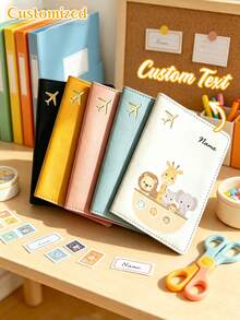 Customized Name Personalized Cute Lion, Giraffe And Elephant Combination Print PU Passport Holder, Multiple Colors Available, Can Store Family Travel Documents, Bank Cards And Other Cards, Soft And Cute, Portable For Daily Use - Multicolor - View 2
