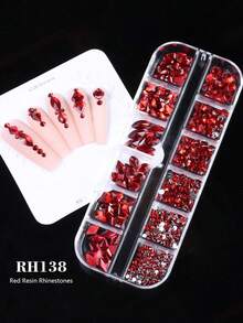 12-Grid Red Iridescent Resin Nail Art Rhinestones, Mixed Heart Butterfly Cat Eye Diamond Crystals In Multiple Sizes Flat Back Round, 3D Shiny Luxury Nail Decor, Suitable For Acrylic Nail Tips DIY Nail Art Decoration - Red - View 4