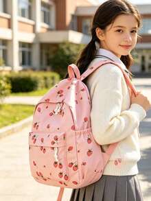 3-Piece Set - Fashionable College Style Strawberry Pattern Backpack Combination, Includes Backpack, Portable Lunch Bag And Stationery Organizer, Built-In Laptop Compartment, Adjustable Shoulder Straps, Multi-Layer Large Capacity Travel Bag Set, Multi-Functional Daily Commute Bag Combination, Suitable For Girls, Young Students, College Students, Fresh Graduates, Applicable For Daily Commute, Leisure Vacation, Short Trips, Back To School - Pink - View 6