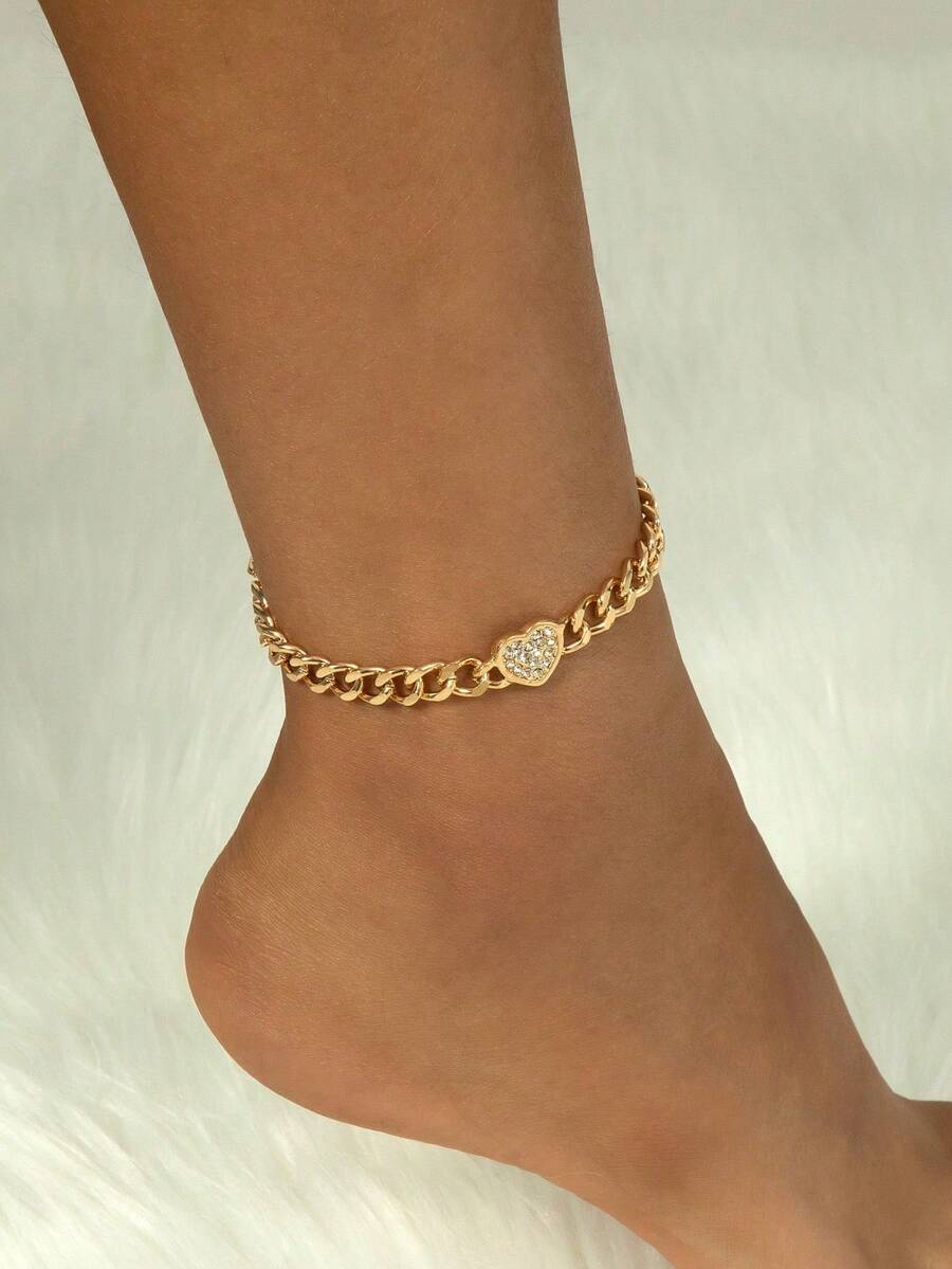 1pc Minimalist Gold Glossy Vacation Beach Style Thick Chain Heart Pendant Women's Anklet - Yellow Gold - View 1