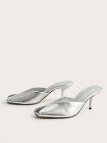 Women's Deep V-Neck Open Toe Mule Shoes, Elegant And Comfortable For Vacation, Party And Daily Wear, Solid Color Slip-On High Heel Sandals - Silver - View 3