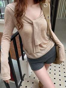 Khaki Ribbon V-Neck Long Sleeve Knit Sweater, Women's Summer Slim Fit Solid Color Chic Versatile Top Fall - Apricot - View 1