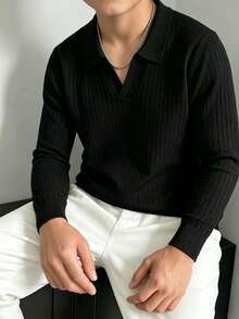 Tween Boys Ribbed Polo Neck Knit Sweater, Solid Long Sleeve Casual Pullover - Black - View 2