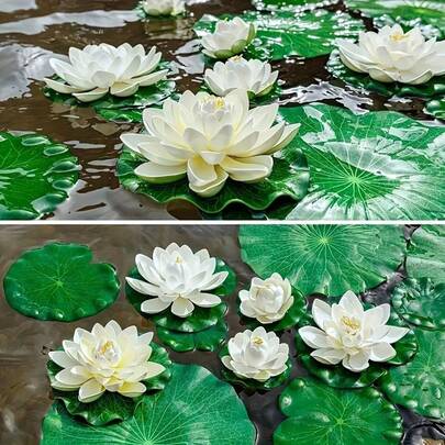 1/3/6Pcs Artificial Floating Lotus Flowers With Lily Pads, Realistic White Foam Water Lily, Floating Pond Decor, For Pool Fish Tank Vase Bowl, Wedding Party Home Garden Water Surface Decoration ﻿