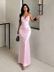 1pc Solid Color Backless Ruched Metal Chain Halter Neck Vacation Style Dress For Wedding All Seasons - Pink - View 3