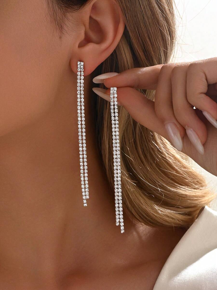 1 Pair Minimalist Blue Rhinestone Tassel Earrings Suitable For Women's Party, Evening Banquet, Stage Performance, Music Festival And Other Occasions - White - View 1