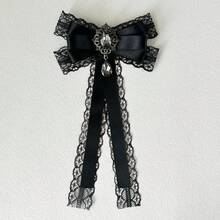 Bowknot Lace Patchwork Shiny Rhinestone Long Ribbon Brooch, Women's Bowknot Collar Accessory, Versatile Clothing Accessory For Shirts And Dresses, Decorative Collar Bow, Holiday Gift - Black - View 6