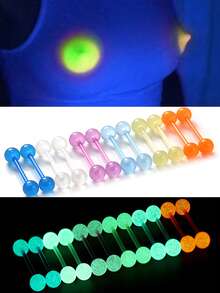 12pcs Multicolor Fluorescent Ball Tongue Studs Nipple Rings Piercing Jewelry, UV Resistant Hypoallergenic, Back To School Halloween Gift - Glow-in-the-dark - View 9