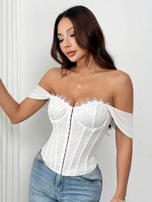 EZNV Atasan Bustier Tanpa Bahu Berenda Putih, Kancing Depan, Korset Pinggang, Atasan Pendek Seksi - Putih - View 5