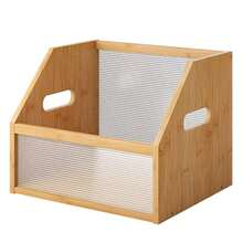1/2/3pcs Natural Bamboo Desktop Storage Organiser Box With Fluted Transparent Front Panel, Portable Carry‑Handle Slant‑Top Storage Container For CD, Books, Office Supplies Home Desk Organisation - Multicolor - View 3