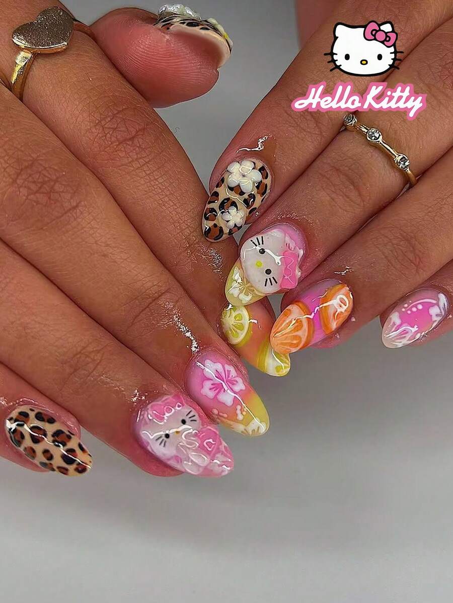 Sanrio Hello Kitty 24pcs Y2K Short Oval 3d Pointed Leopard French Press On Nails With Hello Kitty, Flower And Lemon Pattern Design,Gradient Design,Perfect Fit Acrylic False Nails Set, Including 1 Jelly Gule And 1 Nail File,For Girls Daily Party Use - Multicolor - View 1