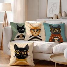 4pcs/1pc Artistic Cat Illustration Pattern Pillow Case, Single-Sided Print Pillow Case, Suitable For Living Room Bedroom Home Decor, All Season Pillow Case - Multicolor - View 2