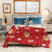 Red Cartoon Rudolph Reindeer Flannel Blanket, Cute Red Nose Moose Hot Cocoa Cup Star Snowflake Print Soft Throw Blanket, Christmas Sofa Bed Decor Blanket, Holiday Home Gift - Multicolor - View 2