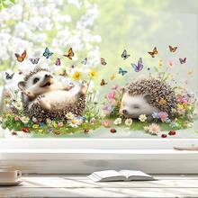 2D Flat Sticker, Hedgehog Paradise Butterfly Flower Pattern Decorative Window Decal, Easy To Remove, Convenient Installation, Suitable For Living Room Window Double-Sided Printing Use Scenario - Multicolor - View 1
