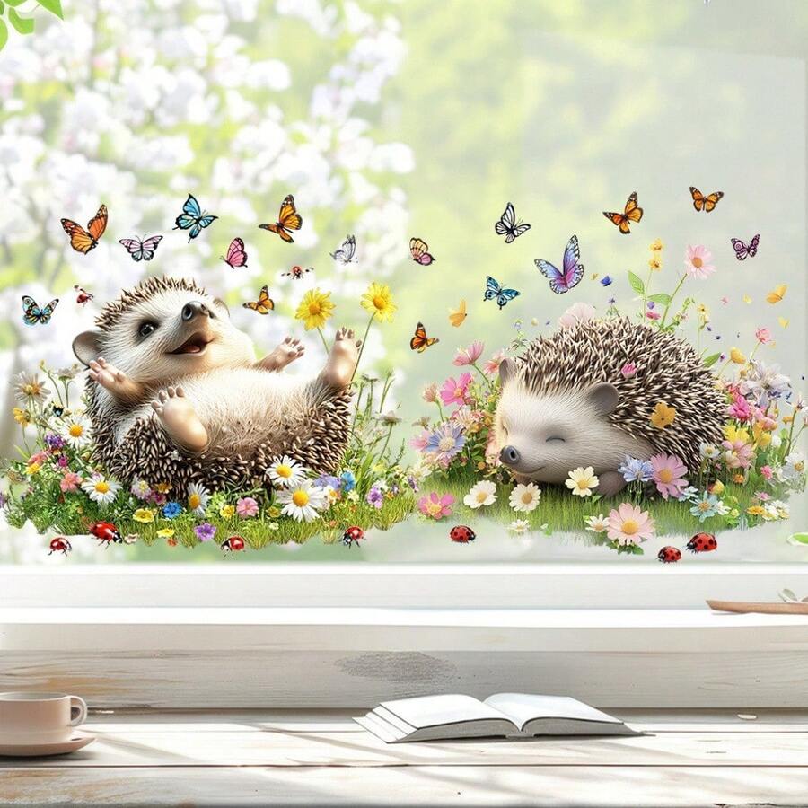 2D Flat Sticker, Hedgehog Paradise Butterfly Flower Pattern Decorative Window Decal, Easy To Remove, Convenient Installation, Suitable For Living Room Window Double-Sided Printing Use Scenario - Multicolor - View 1