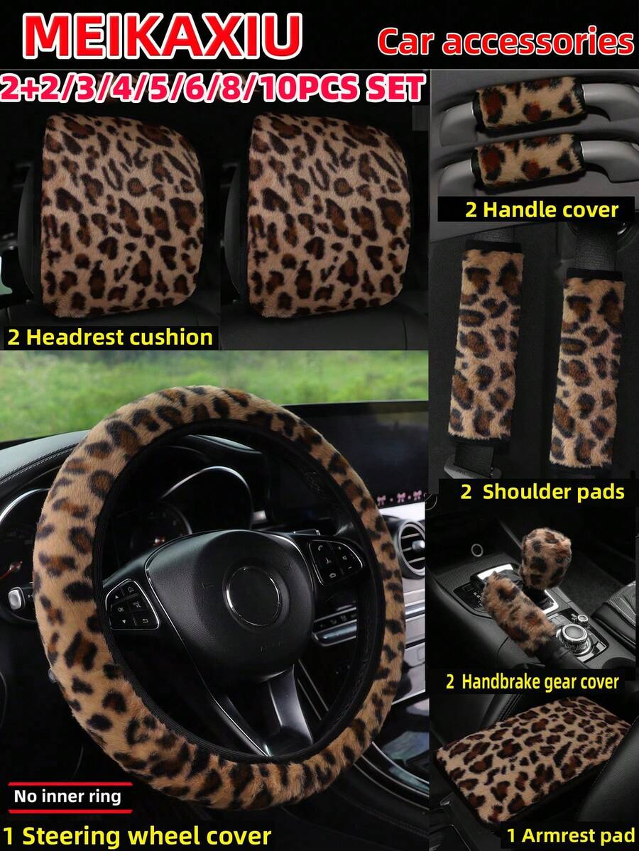 MEIKAXIU 2+2/3/4/5/6/8/10PCS SET Winter Faux Rabbit Fur Coffee Powder Pink Gray White Purple Leopard Print Plush Car Interior Accessories Set For Women, Includes Steering Wheel Cover Without Inner Ring, Handbrake Cover, Gear Shift Cover, Armrest Pad, Headrest Cover, Handle Cover, Shoulder Protector And More