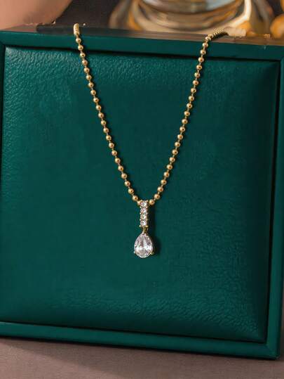 1 Stück elegante Ins Edelstahl-Kette mit Gold-Zirkonia Wassertropfen-Anhänger Halskette, geeignet für den täglichen vielseitigen Gebrauch von Frauen, wasserdichtes Schmuckaccessoire, Valentinstag Geschenk