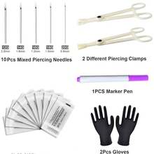 15Pcs Piercing Kit With 10Pcs Mixed 12G 14G 16G 18G 20G Ear Nose Piercing 2Pcs Piercing Clamps Forceps 2Pcs Gloves 1Pc Marker Pen For Piercing Tool - Silver - View 2