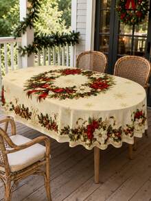 1 chiếc khăn trải bàn hoa Giáng Sinh thanh lịch, khăn trải bàn hình chữ nhật bằng polyester với họa tiết vòng hoa trung tâm, hoa trạng nguyên, ruy băng vàng và quả thông, phù hợp trang trí nhà bếp, trang trí nhà cửa, trang trí phòng, trang trí Giáng Sinh tại gia và trang trí lớp học - Nhiều màu - Xem 5