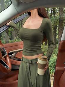 Women's Solid Color Square Neck Long Sleeve Cropped Top, Elastic Slim Fit Tight Knit, Basic T-Shirt For Outings - Green - View 2
