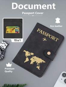 Minimalist Airplane Print Passport Wallet, Snap Button PU Faux Leather Passport Cover, Portable Travel Document Holder For Beach Vacation & School - Multicolor - View 2