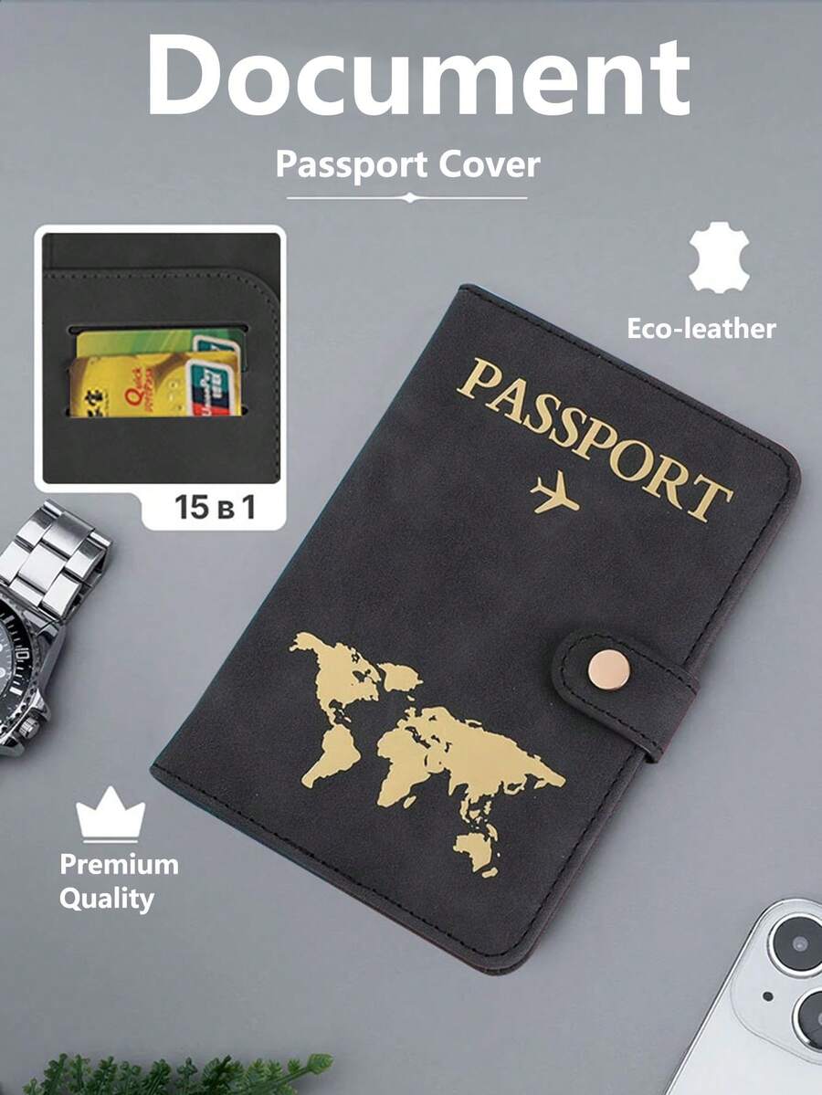 Minimalist Airplane Print Passport Wallet, Snap Button PU Faux Leather Passport Cover, Portable Travel Document Holder For Beach Vacation & School