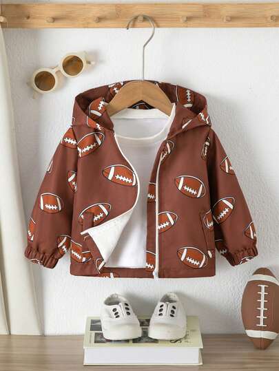 1pc Baby Boy Vintage Casual Sporty Print Long Sleeve Hooded Jacket, Thin For Spring And Autumn