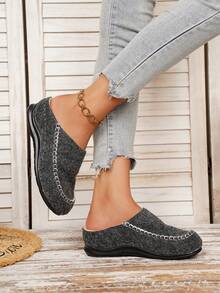 Vintage Tweed Closed-Toe Backless Slip-On Shoes, Handmade Stitched Thick Sole Slouchy Slippers - Dark Grey - View 5