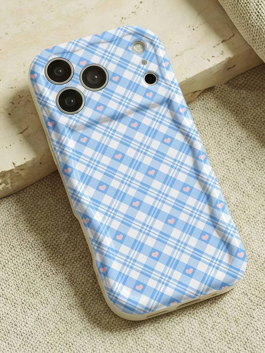 Creamy Dopamine Wave Ruffle Soft TPU Texture, Ins Korean Style Blue Plaid Heart Phone Case, Glossy Wave Frame Fresh Gentle Phone Cover Compatible With Galaxy S21 S22 S23 S24 S25 S26//Honor// And Other Models - White - View 1