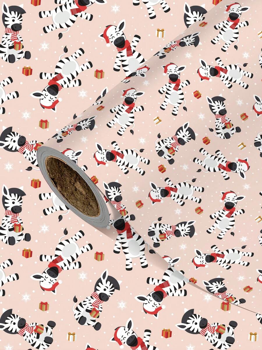 1 Roll Of Christmas Gift Wrapping Paper Featuring A Christmas Zebra Pattern;Perfect For Christmas Gift Wrapping,Holiday Party Decor,Home Festive Decoration,DIY Craft,Festive Favour Wrapping Dimensions: 43 Cm X 300 Cm. - A - View 1