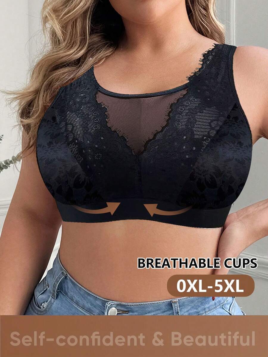 1pc Casual Comfortable Minimalist Plus Size Women's Bra Lace Patchwork, Wire-Free Soft Comfortable Lingerie - Black - View 1