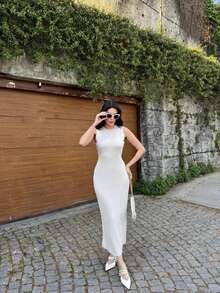 Women's Summer Diamond Sleeveless Dress - Beige - View 2