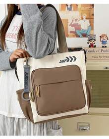 1 Stück künstlerische Canvas‑Schultertasche mit Cartoon‑Motiv, großes Fassungsvermögen, Mehrfach‑Fächer, Aktentasche für Schulunterlagen - Khaki - Übersicht 3