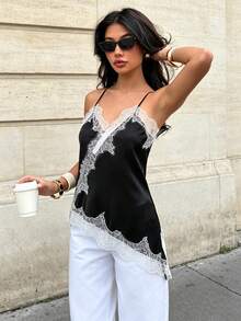 Seelio New Arrival Women's Fashion Lace Decor Sexy Lingerie-Style Top Summer - Black and White - View 1