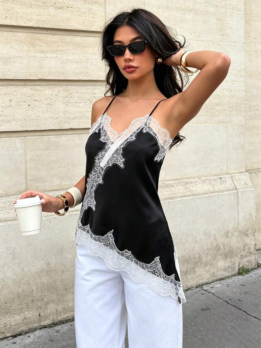 Seelio New Arrival Women's Fashion Lace Decor Sexy Lingerie-Style Top Summer - Black and White - View 1