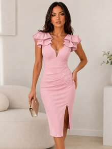 ChicMe Women's Bowknot Decor Deep V-Neck Sleeveless Ruched Slit Zipper Backless Mid-Length Dress, Sexy Elegant Bodycon Cocktail Dress, Suitable For Nightclub Party Summer - Baby Pink - View 2