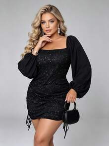 Joyfunear Gaun Bodycon Seksi Berpayet untuk Wanita Ukuran Plus - Hitam - View 1