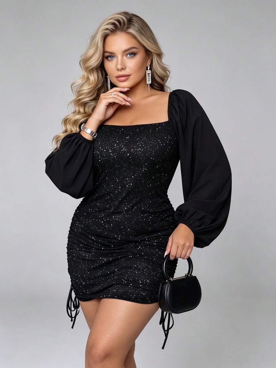 Joyfunear Gaun Bodycon Seksi Berpayet untuk Wanita Ukuran Plus - Hitam - View 1