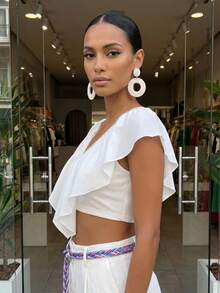 Women's Ruffled V-Neck Crop Top Short Flutter Sleeve Boho Chiffon Blouse - White - View 3