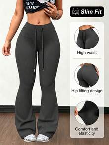 1pc Women's Drawstring Flare Pants, Elegant Fashion Long Pants, Waist Drawstring Design, Teacher Back To School Autumn Outfit - Dark Grey - View 1