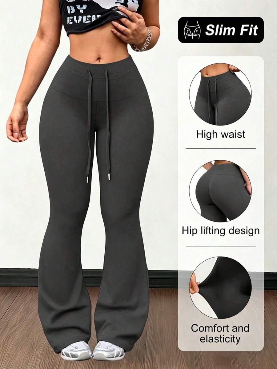 1pc Women's Drawstring Flare Pants, Elegant Fashion Long Pants, Waist Drawstring Design, Teacher Back To School Autumn Outfit - Dark Grey - View 1