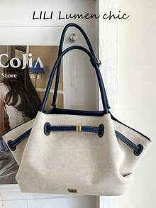 Bolso de axila con patchwork de bloques de color, bolso de hombro con fondo estructurado, no colapsable, forma 3D, gran capacidad, almacenamiento conveniente para artículos esenciales diarios, adecuado para uso diario, trabajo, transporte, viajes y salidas - Azul - Ver 1