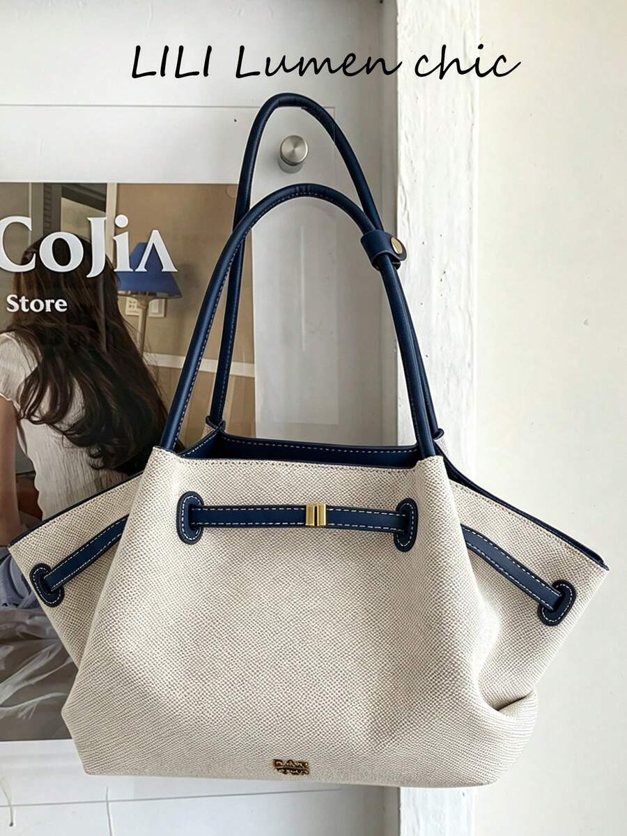 Bolso de axila con patchwork de bloques de color, bolso de hombro con fondo estructurado, no colapsable, forma 3D, gran capacidad, almacenamiento conveniente para artículos esenciales diarios, adecuado para uso diario, trabajo, transporte, viajes y salidas - Azul - Ver 1