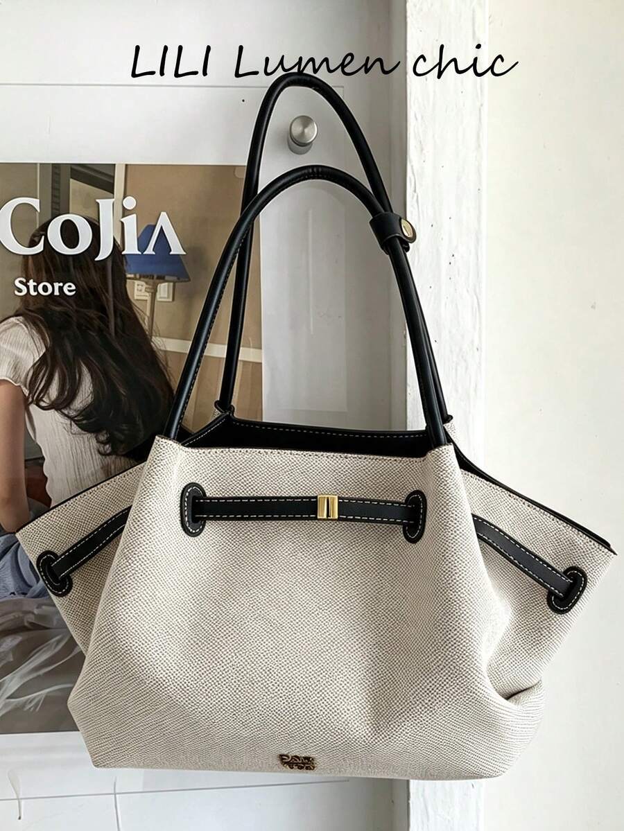 Colorblock Patchwork Underarm Bag, Shoulder Bag With Shaped Bottom, Anti-Collapse, Structured, Large Capacity, Convenient Storage For Various Daily Essentials, Suitable For Daily Use, Work, Commute, Travel And Outings - Black - View 1