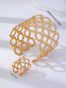 1套鏤空網格寬版袖口手鐲戒指套組，金色鏤空可調節手鐲戒指珠寶套組，適合女性派對與日常配戴 - 金色 - 查看 4