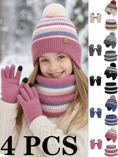 4pcs 4-10Y Kids Winter Hat, Gloves, Scarf Set, Earflap Beanie With Pom Pom, Knitted Neck Warmer, Fingerless Gloves Set, Suitable For Boys And Girls, Pom Pom Hat, Neck Warmer, Gloves