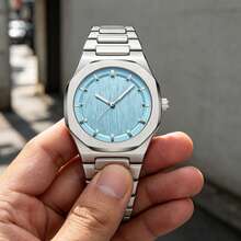 Men's Fashionable Ice Blue Watch, Silver Octagonal Case, Vertical Textured Dial, Elegant Casual Quartz Watch - one-size - View 5
