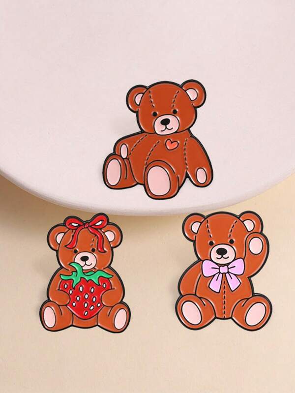 3pcs Cartoon Teddy Bear Enamel Pins, Cute Strawberry Heart Bowknot Decoration Badge, Fashion Backpack Clothing Accessory, Gift For Teddy Bear Lovers