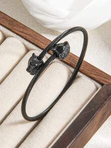 1PC Men Vintage Viking Double Wolf Head Twisted Open Cuff Bangle, Stainless Steel Adjustable Punk Bracelet, Gift For Boyfriend Couple - Szgss040 - View 8